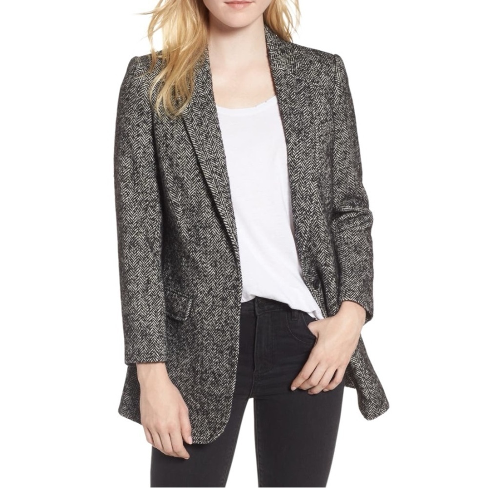 REBECCA MINKOFF Merilee‎ Jacket Blazer Wool Blend Size M Houndstooth Black Gray